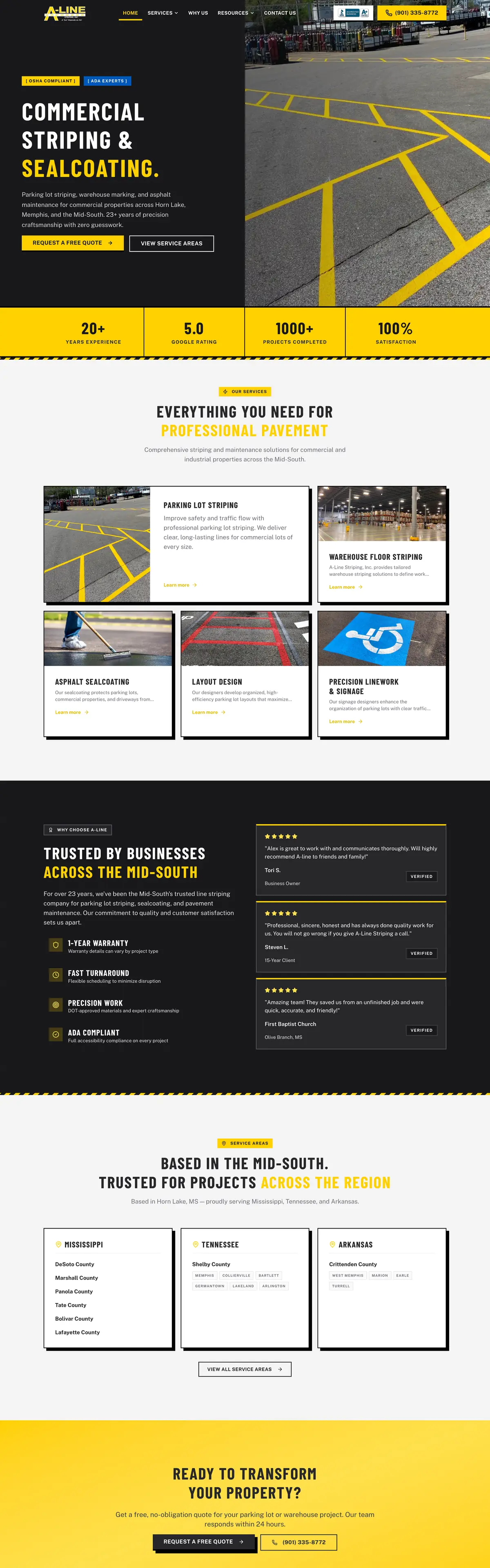A-Line Striping website, full homepage