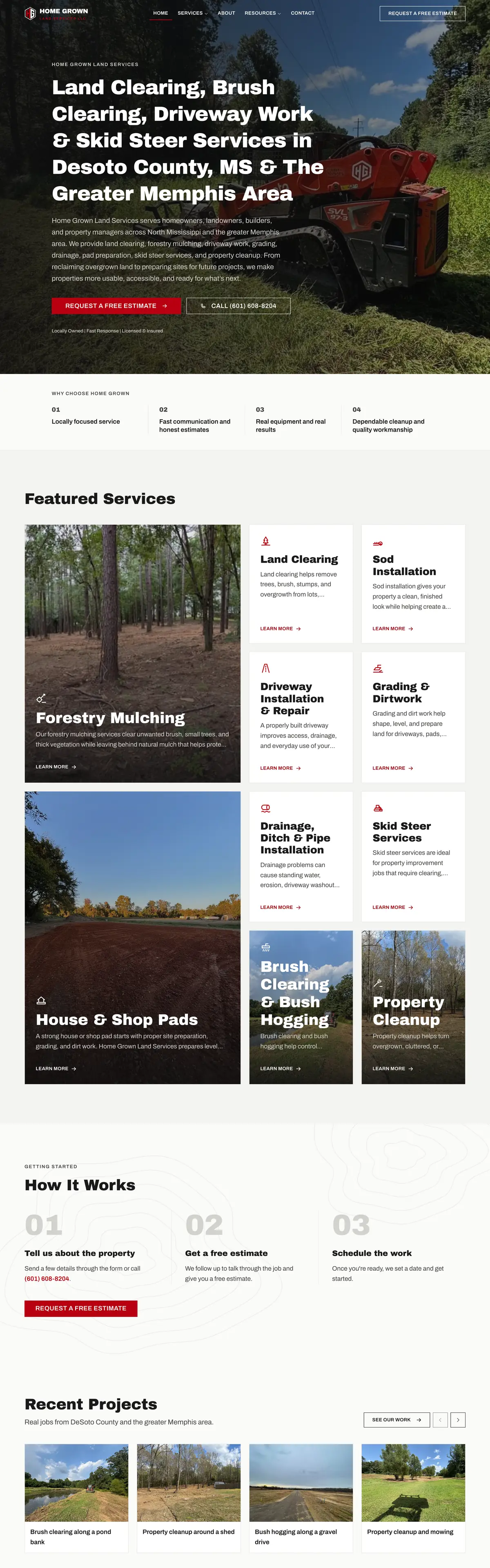 Home Grown Land Services website, full homepage