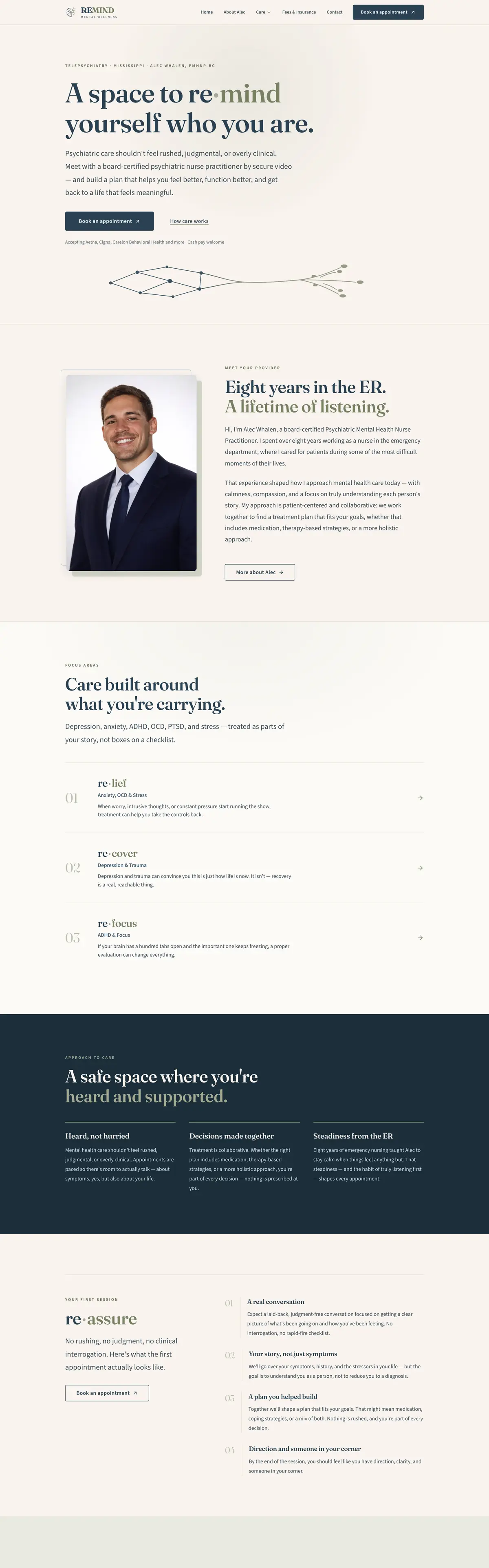 ReMind Mental Wellness website, full homepage
